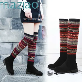 

Patchwork Autumn Winter Women Over The Knee Boots Knitted Woman Boots Round Toe Flat Shoes Female Footwear Party Boots MAZIAO