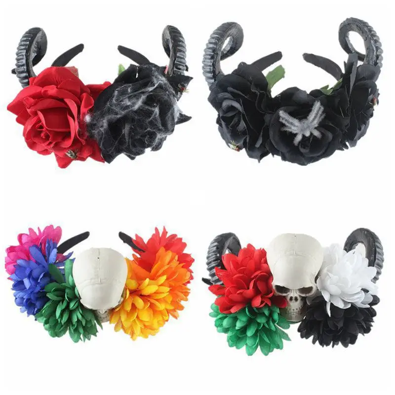 

Women Girls Halloween Funny Artificial Sheep Horns Headband Flower Spider Fly Skull Hair Hoop Masquerade Costume Headpiece Props