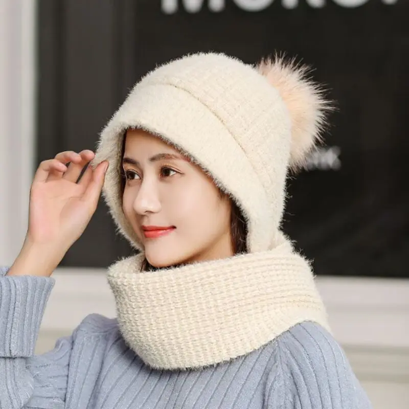 Зимние шерстяные вязанные шарф и шапка набор бини женский шарф Skullies Beanies шапки для женщин шапка s Gorras Bonnet маска цельная шапка - Цвет: Бежевый