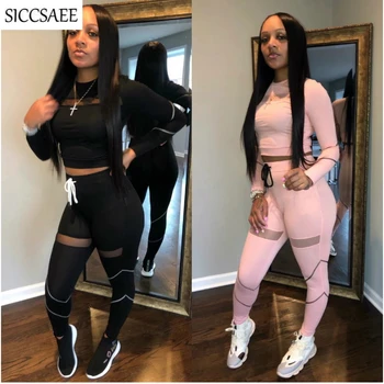 

See Through Mesh Patchwork 2 Piece Set Women Pant And Top Bandage Outfits Sexy Bodycon Bodysuit Clothing Sweat Suit Costumes