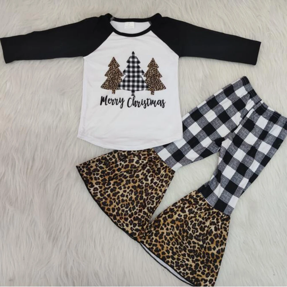 Милый наряд для девочек; Детская рубашка с рукавом реглан и принтом в виде гепарда и рождественской елки; комплекты одежды в черно-белую клетку с колокольчиками