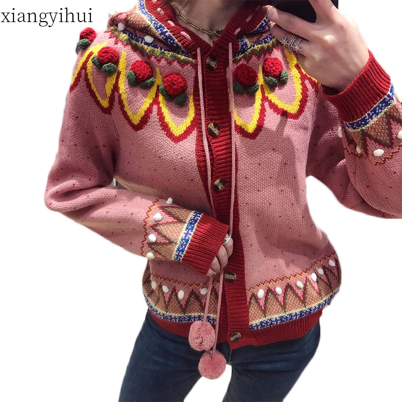 Женский корейский Harajuku Свободный кардиган с капюшоном зимние ветрозащитные свитера Ins шикарный винтажный осенний Рождественский свитер с длинным рукавом