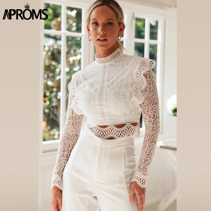 Aproms, винтажная женская футболка с кружевной отделкой, с вышивкой, элегантная, высокая горловина, длинный рукав, укороченный топ, женские вечерние футболки, открытая футболка