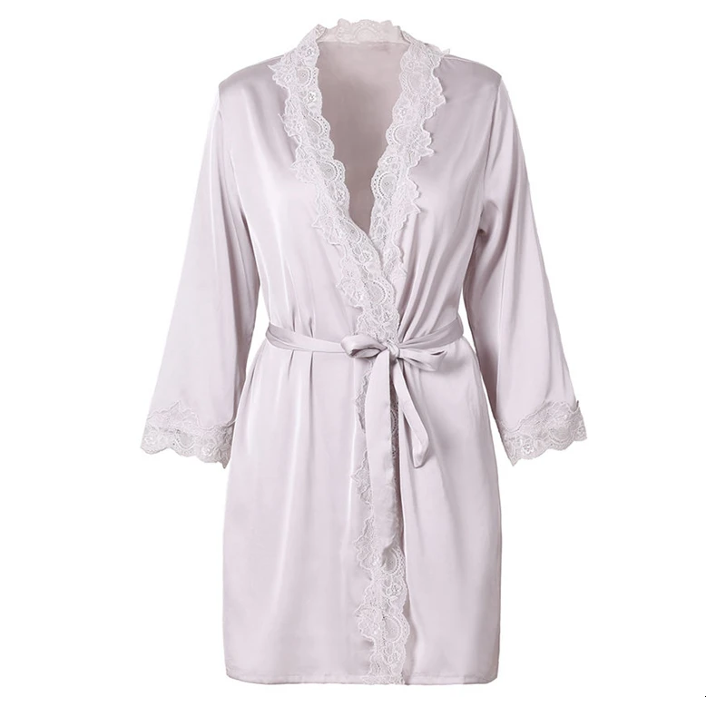 Sexy Polyester Silk Robes With Lace Women Satin Bathrobes Night Robe Sleepwear Wedding Nightie Solid Color Dressing Gown Bedgown