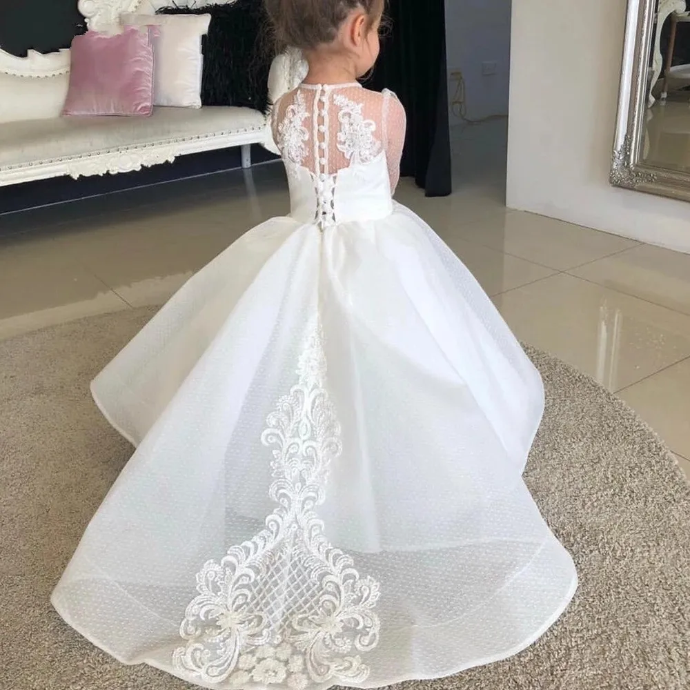 Lace Flower Girl Dresses White Tulle Appliques Dress Baby Girls Party Cap Sleeves Puffy Back First Communion | Детская одежда и