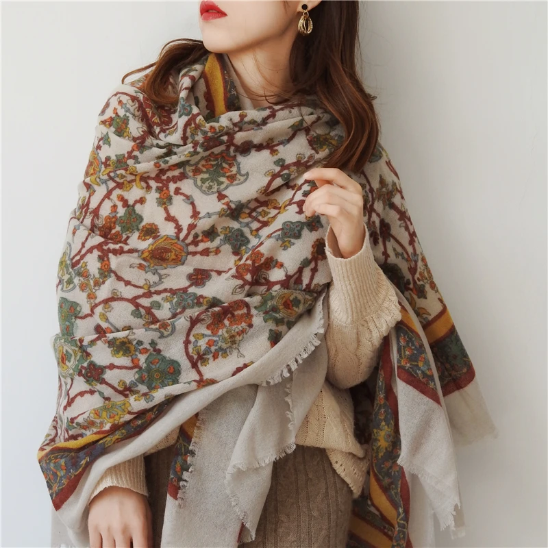Очень большой шарф-палантин шаль Очаровательная с цветочным принтом шерстяной шарф Обертывания для женщин зимние теплые шарфы средней толщины