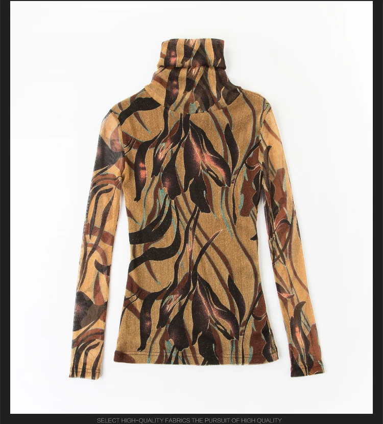 Blusas Mujer 19, новинка, осенняя Женская одежда, топы, яркие шелковые, повседневные, с длинным рукавом, водолазка, с принтом, блузка, женские рубашки, 7696 50