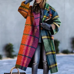 Misturas de lã casaco de inverno para a moda feminina xadrez lapela pescoço senhora do escritório elegante casaco longo fino casacos mulher jaqueta 2021