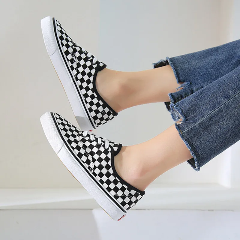 Checked Canvas Vulcanized Shoes For Both Men And Women Casual Loafers With No Lacing At One Stepulzzang Freeshipping Sale