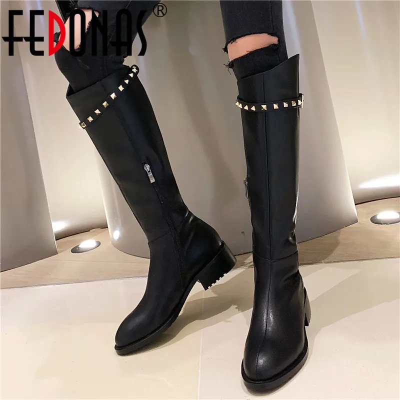 

FEDONAS Winter Rivets Buckle Women Knee High Boots Genuine Leather Long Motorcycle Boots Night Club Shoes Woman Warm High Boots