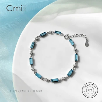 

CMiLL Real 925 Sterling Silver Rectangle Blue Crystal Bracelet For Women Rhinestone Zircon Chain Bracelet Jewelry Gifts