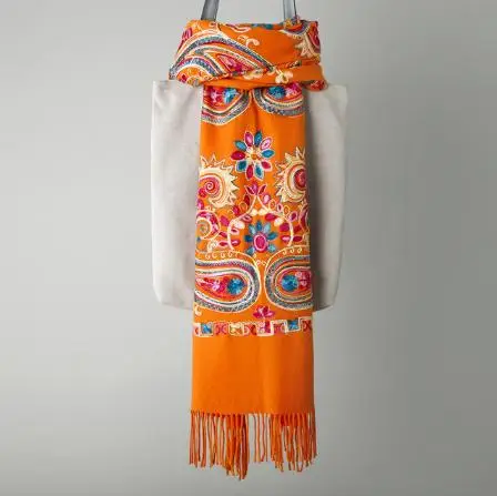 Фирменная новинка, Женский кашемировый шарф Пашмина с вышитыми цветами, зимний теплый шарф 200*70 см, шарф с кистями, шаль большого размера, модные шали, шарфы - Цвет: orange