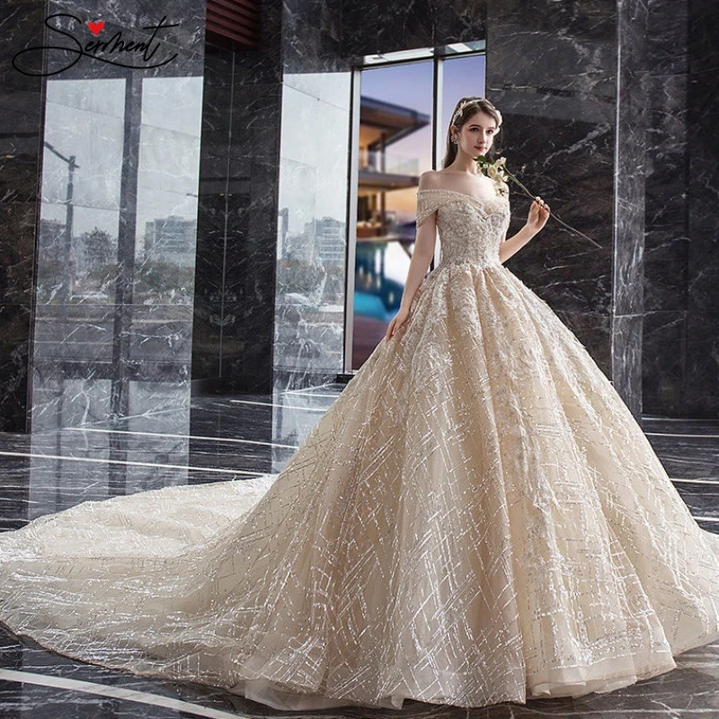 SERMENT Luxury New Off The Shoulder French-style Trailing Wedding Dress Champagne Sequins Spray Gold Noble Luxury Tailor-made