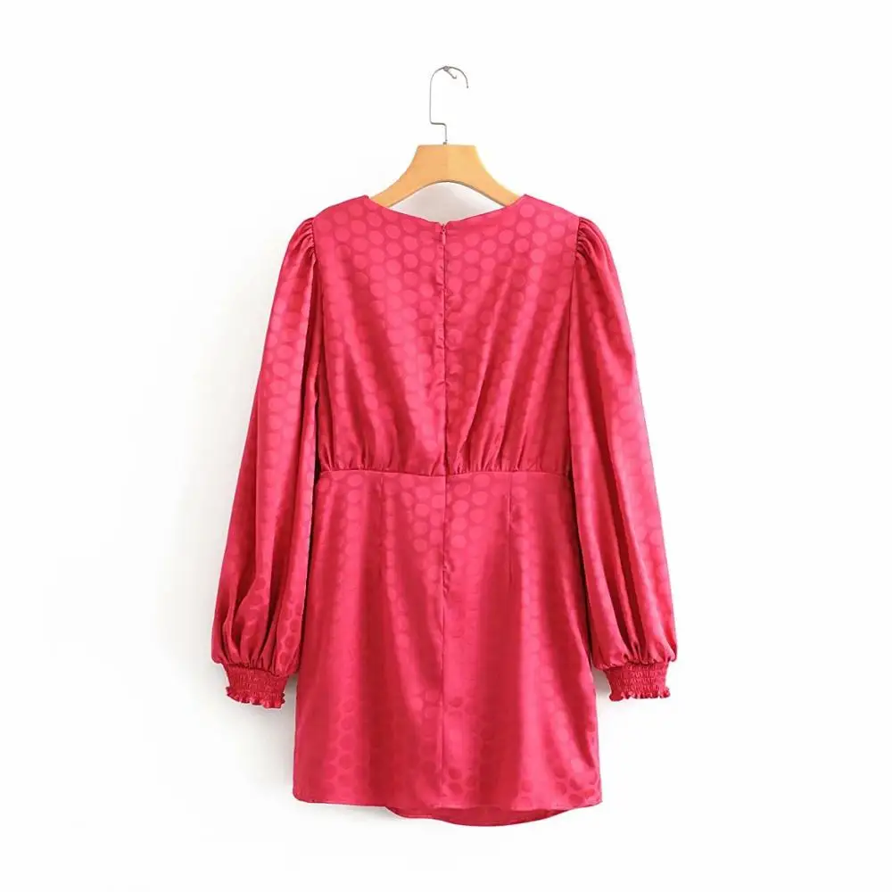 Tanie 2020 kobiet elegancki krzyż v neck nadruk w kropki w stylu casual, plisowana mini sukienka kobiet latarnia rękaw sukienki stylowe vestidos mujer DS3137