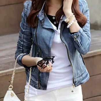 

Fast Shipping Fashion Womens Vintage Denim Jean Slim Fit Lapel Zip Short Jacket Tops Coat Size S M L XL
