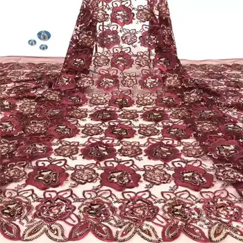 

Hot sell Cheap Sequins lace fabric high quality fashion african french tulle net lace fabric 5yards/pc for dress red