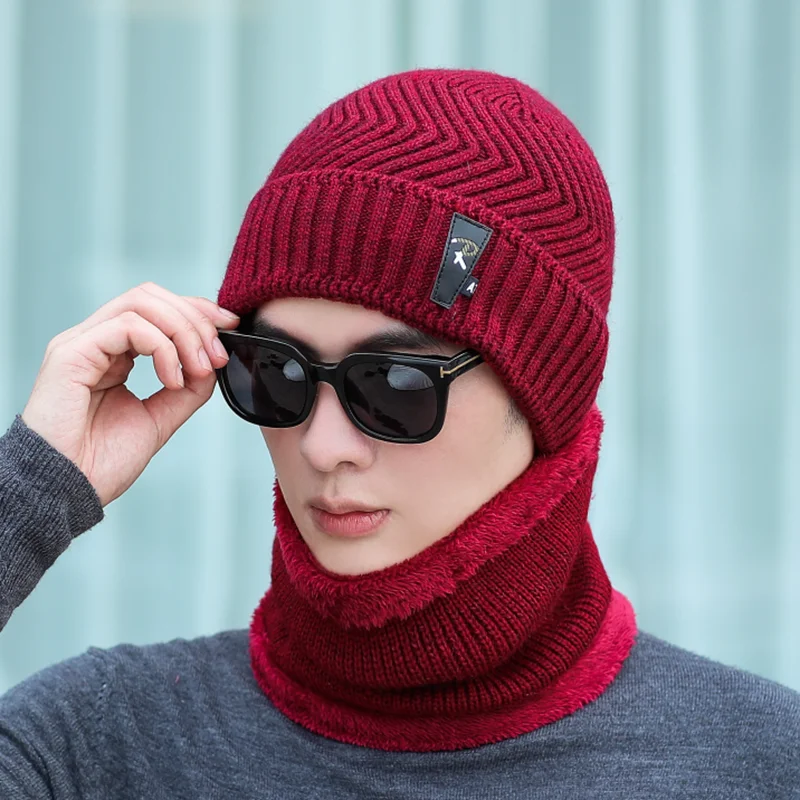 Winter Hat Set Scarf Glove 3 Pieces For Men And Women Outdoor Knitted Hat Warm Thicken Skullies Beanie Scarf Set