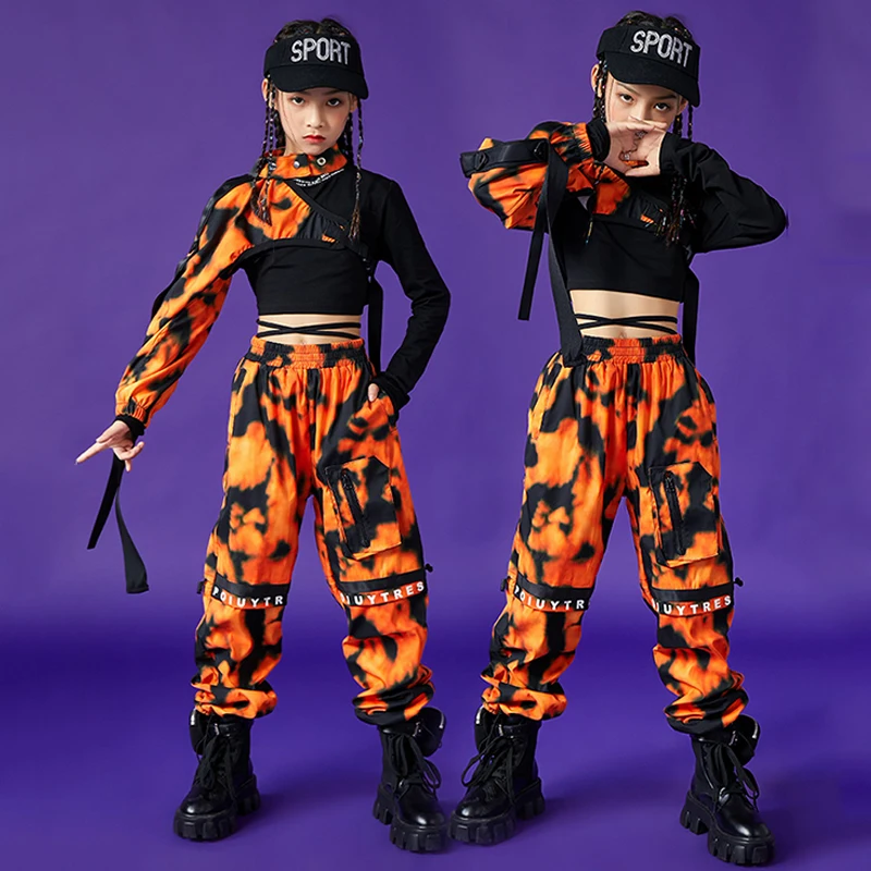 Kids Jazz Hip-Hop Dance Performance Costume Camouflage Sleeves Pants Girls Stage Outfit Rave Modern Street Dance Costume BL7440