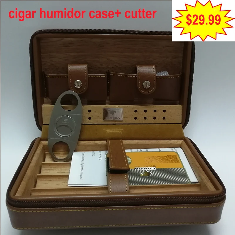 

COHIBA Cedar Wood Cigar Humidor Travel Portable Leather Cigar Case Cigars Box With Cutter Humidifier Humidor Box