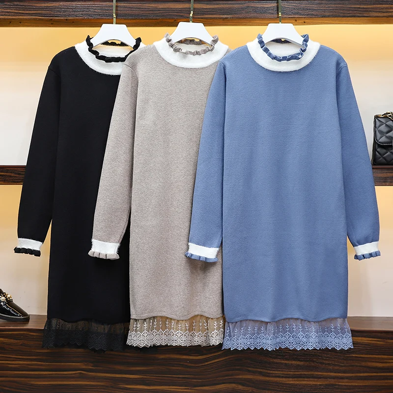 

2019 autumn new knitted lace stitching long ruffled pullover dress