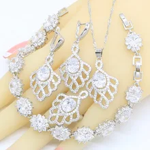 Белый циркон комплекты украшений для женщин 925 Серебряный браслет серьги ожерелье кулон кольцо подарок на день рождения