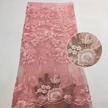

3d Lace Fabric Pink Grey African French Lace Fabric High Quality High-end handmade beaded Wedding Nigerian Lace Fabric YYZ7