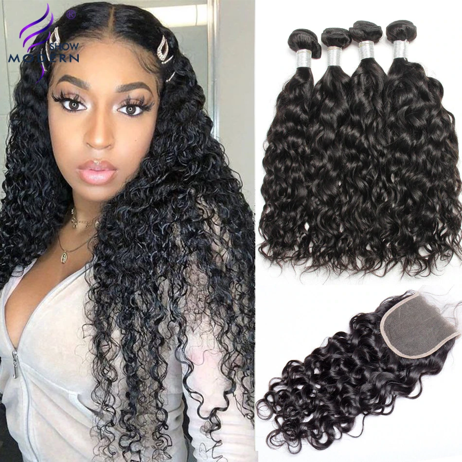 Brazilian Water Wave Human Hair 3 Bundles With Closure Modern Show Water Wave Bundles With Lace Closure Non Remy Hair Extension 3 4 Bundles With Closure Aliexpress