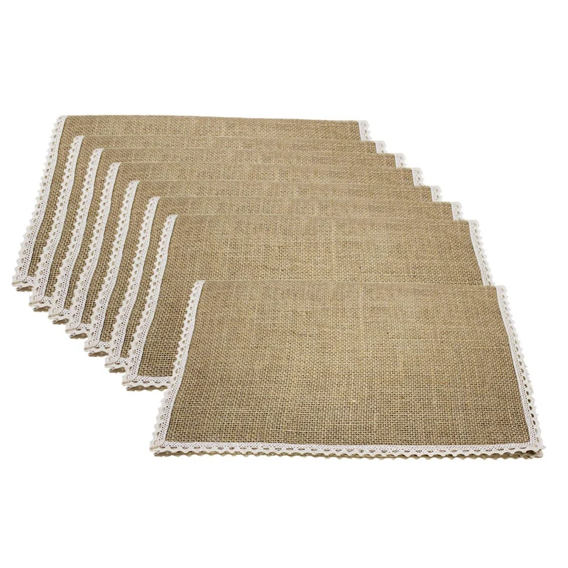 

8Pcs Linen Table Mat Lace Placemat Set Natural Jute Woven Tableware Mat Wedding Party Decoration