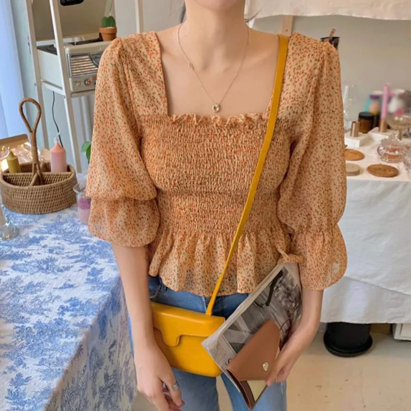 Blusa de gasa con manga acampanada para verano, camisa con cuello cuadrado y lunares para mujer