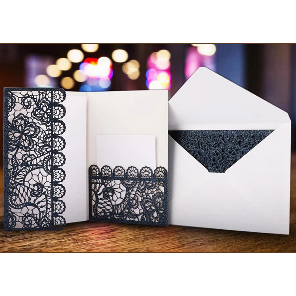  50pcs Lace Tri-fold Business Invitation Laser Hollow Pocket Invitation Wedding Invitation Blessing 