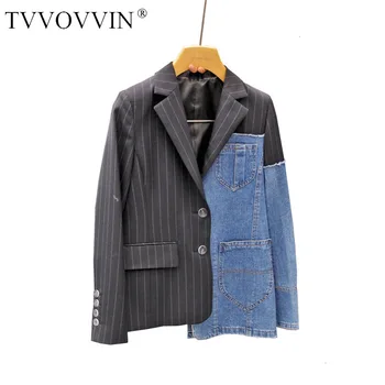 

TVVOVVIN 2019 Autumn Self-cultivation Cowboy Temperament Stripe Patchwork Cowboy Thin Leisure Time Small Suit Woman ZX370