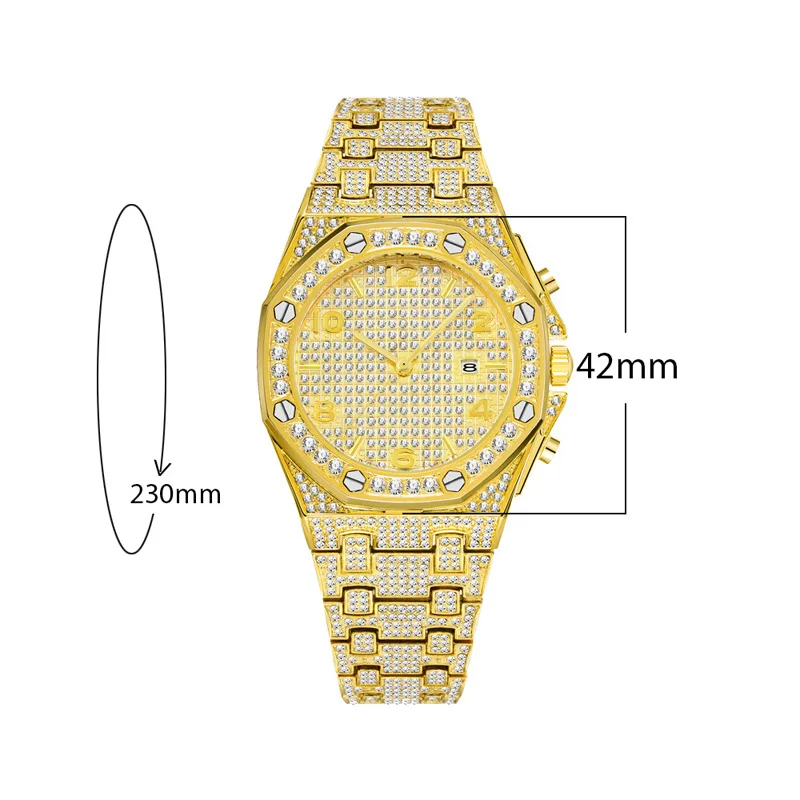 Роскошный Топ Бренд Ice Out часы для мужчин полный АЛМАЗ 18 К золото Iced out хип хоп Кварцевые аналоговые наручные часы для мужчин Дата наручные часы для мужчин