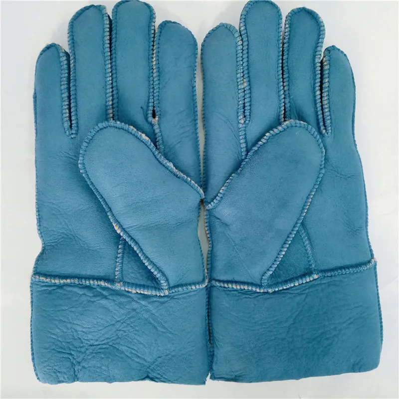 Blue gloves Шерстяные кожаные перчатки для детей от 6 до 10 лет, зимняя теплая шерстяная одежда для детей меховые перчатки варежки из натуральной овчины, перчатки для мальчиков и девочек, подарок - Цвет: Blue gloves