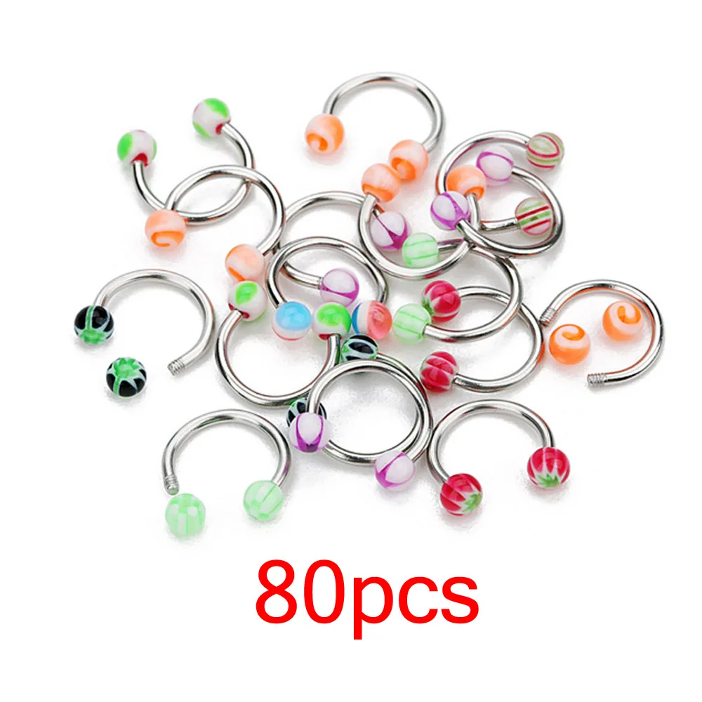 80pcs 5/10/30 шт. акриловый шар утепленные фальшивый нос кольцо C зажим для пирсинга перегородки носа, набор для бровей, набор спирали пирсинг Лабрет, изготовленные на заказ ювелирные изделия оптом - Окраска металла: 80pcs
