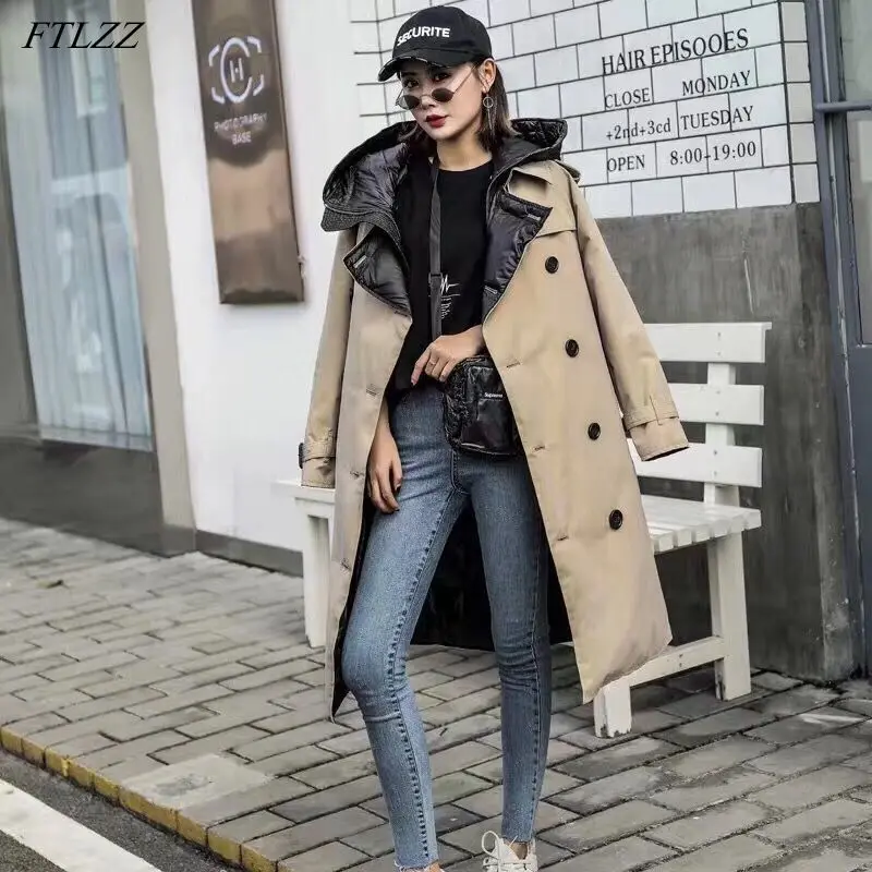 

FTLZZ 90% White Duck Down Long Parkas Winter Women Hooded Jacket Double Breasted Windbreaker Coat With Belt Snow Warm Outwear