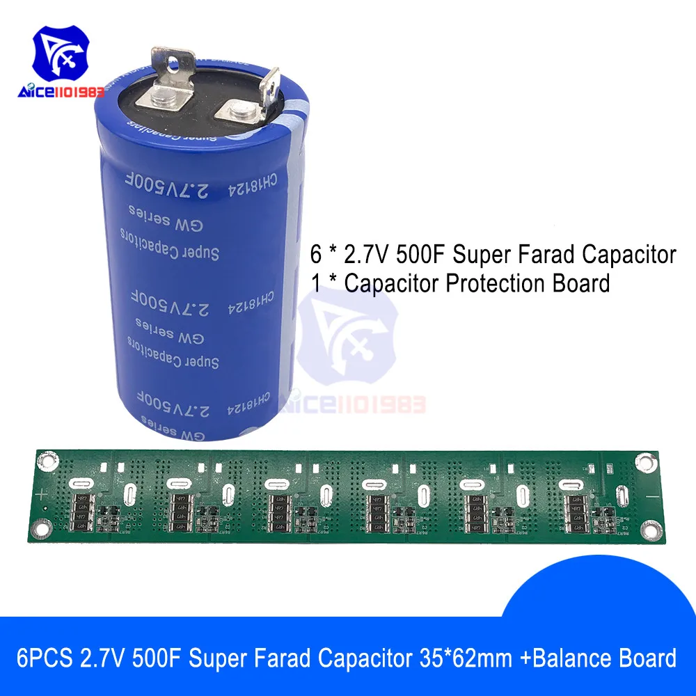 

Solderless 6PCS 2.7V 500F 35*62mm Flat Feet Super Farad Capacitor Low ESR Super Capacitor w/Balancing Protection Board for Car