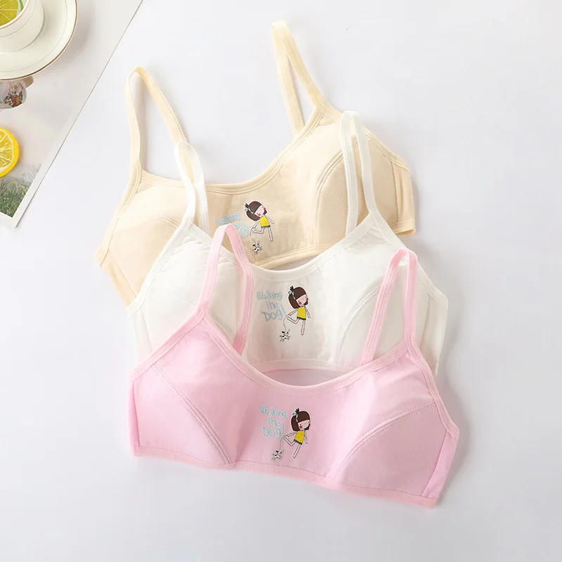 Teens Cotton Lace Puberty Girls Sports Training Bra for Teenager White Print Girl Underwear Clothing