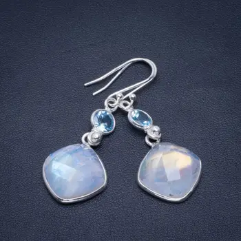 

Natural Rainbow Moonstone and Blue Topaz Handmade Unique 925 Sterling Silver Earrings 2" B2898