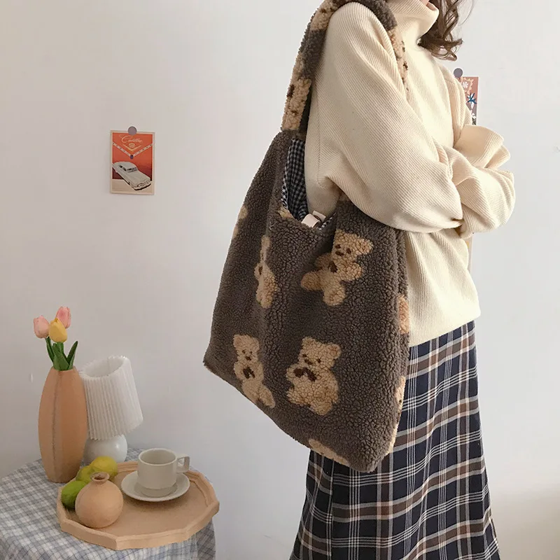 Women Plush Shoulder Bag Warm Cloth Fabric Handbag Soft Canvas Tote Large Capacity Shopping Bags Cute Bear Book Bags For Ladies 2