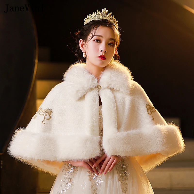 

JaneVini Ivory Women Wedding Shawl Bridal Winter Cape Faux Fur Shawl Bride Wedding Bolero Cape Mariée Bride Jacket Stole Shrugs