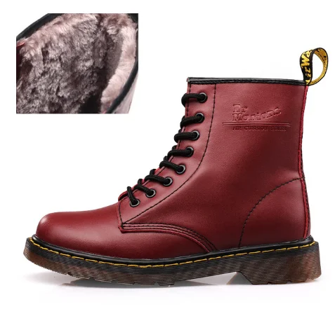 Женские кожаные ботинки Martens наивысшего качества; зимние ботинки в байкерском стиле; теплая удобная женская обувь на меху; Dr с коробкой - Цвет: red fur
