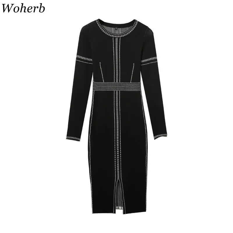 Woherb сексуальное платье-свитер для женщин с круглым вырезом и длинным рукавом, облегающие вязаные платья, корейская мода, новые женские платья, 90841