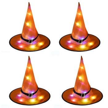 

4Pcs Halloween Witch Hat Led Light Up Glowing in Dark Witches Hat Hanging Halloween Decor Glow Party Supplies