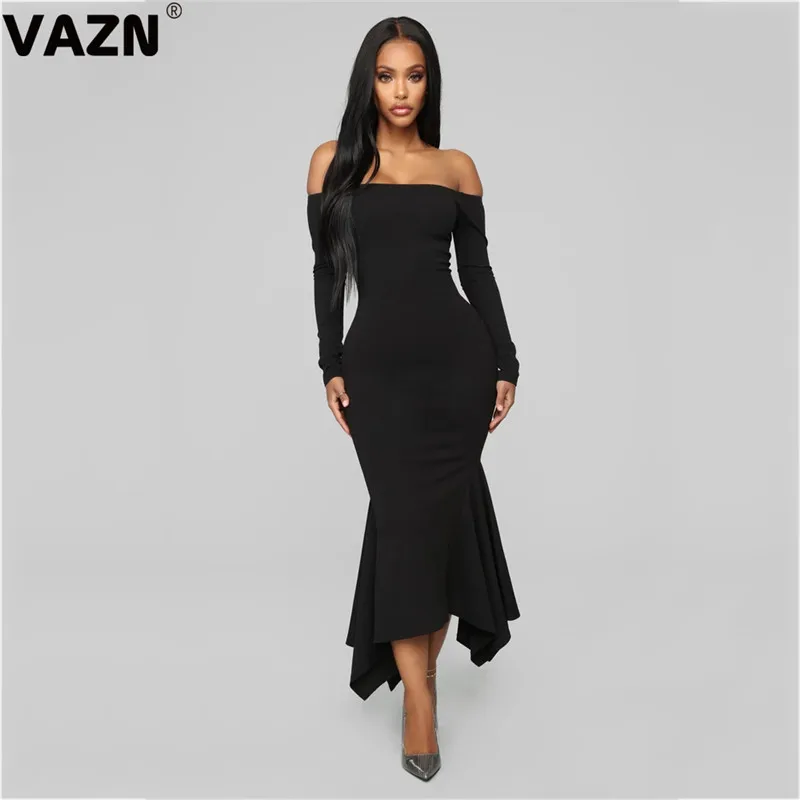 VAZN, черный цвет, весна, новинка, женская футболка, платье, обтягивающее, средней длины, платье для девушек, обтягивающее, с вырезом лодочкой, с длинным рукавом, уличное, облегающее платье