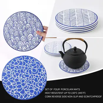 

Vancasso TAKAKI 4-Piece Japanese Style Ceramic Round Table Pot Mats Pads Set with Non-Slip Cork Base for Family Office and Bar