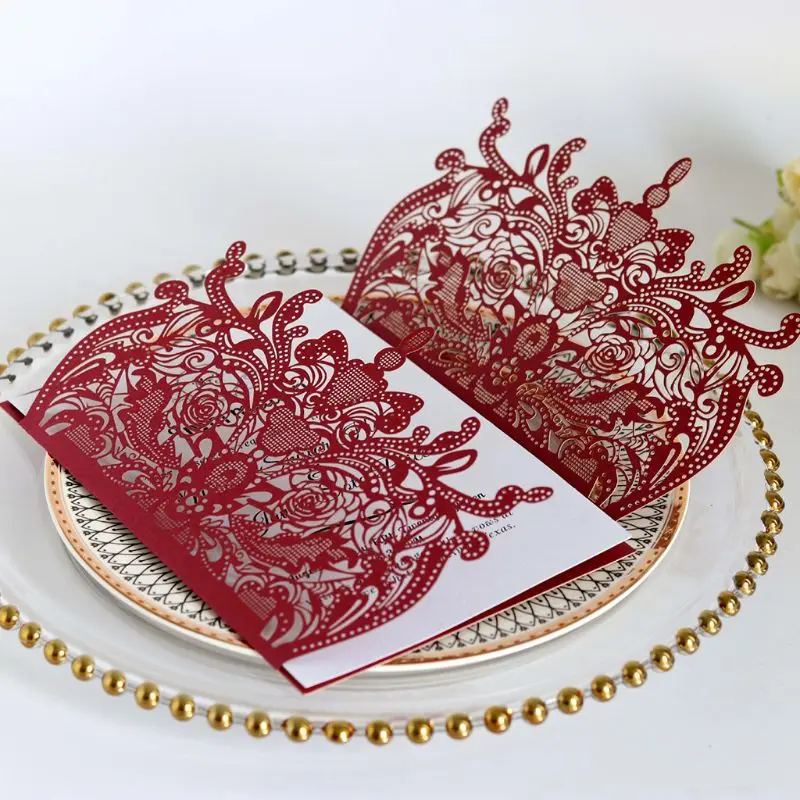 50pcs Wedding Invitation Card with ribbon Laser Cut Floral Glittering Engagement Baptism Invitation - 4.00036E+12