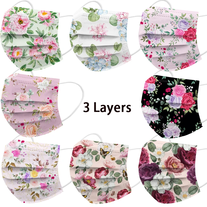 AdultFloralPrintedMasksMouthmuffleDisposableFlowerPatternFacemask3LayerPly