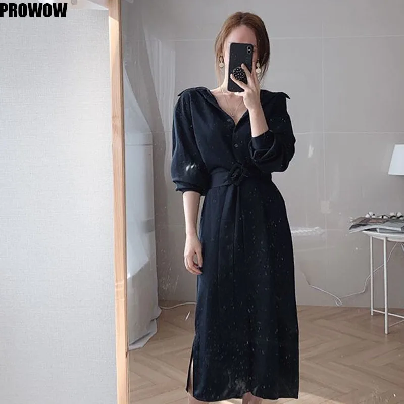 2020 Spring Office Elegance Women Long Sleeve Midi Dresses Korean Single Breasted Vestidos Belt Slim Waist Dress Female
