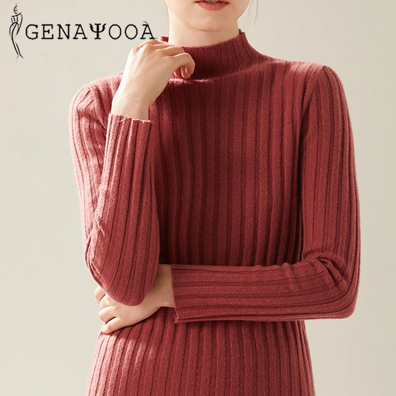 

Genayooa Sweaters Women Pink Slim High Elastic Women Turtleneck Knit Sweater Long Sleeve Pullover Solid Casual Jumper Ladies