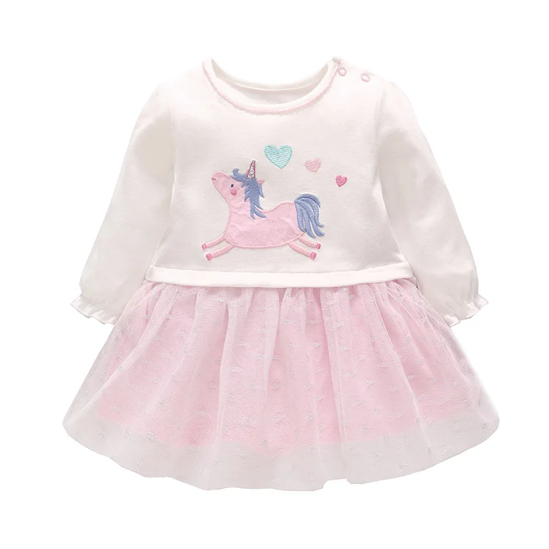 

Picturesque Childhood Baby Girls Dress Unicorn Print Patchwork Tulle Clothes Newborn Full Sleeve Ball Gown Infant Clothing